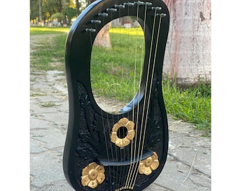 Harpe lyre noire et dorée à 10 cordes en métal Lyre en palissandre faite main avec cordes supplémentaires gratuites, clé de réglage et sac de transport