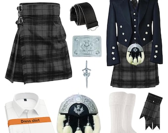 11-teiliger schottischer Kilt-Outfit für Herren - Handgefertigtes Hochzeitspaket Prince Charlie, Kilt & Accessoires