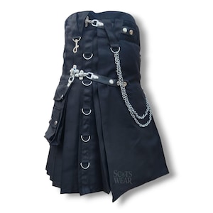Men’s Black Utility Kilt Handmade Scottish Highland Gothic Style with Pockets – Traditional Cotton Hybrid Utility Kilt