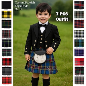Custom Kids Scottish Kilt Outfit – 7 Piece Baby Prince Charlie Suit for Boys | Highland Dress for Weddings – 50+ Tartan Options
