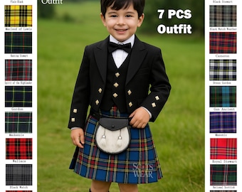 Custom Kids Scottish Kilt Outfit – 7 Piece Baby Prince Charlie Suit for Boys | Highland Dress for Weddings – 50+ Tartan Options