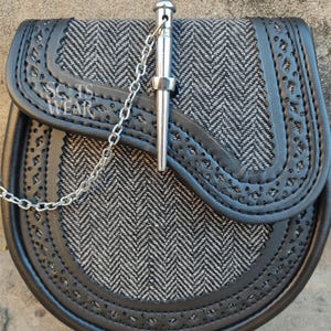 Grey Tweed & Black Leather Kilt Sporran Fabric