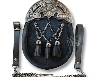 Kilt écossais noir traditionnel Sporran - Conception de chardon antique avec 3 glands et ceinture à chaînes incluse