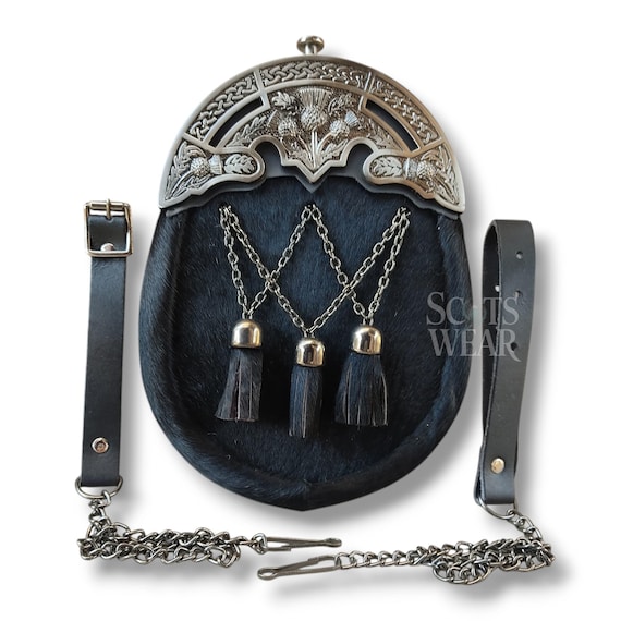 Traditional Black Scottish Kilt Sporran – Antique Thistle Design with 3 Tassels & Chain Belt Included