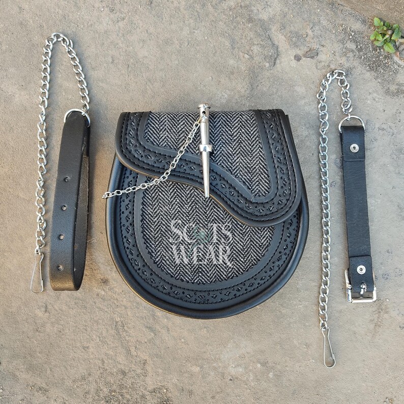 Grey Tweed & Black Leather Kilt Sporran with Straps