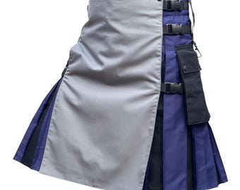 Kilt utilitaire hybride pour homme - plis bleus et noirs avec tablier avant et poche latérale gris | Tailles de 28 po. à 62 po. | Streetwear tactique