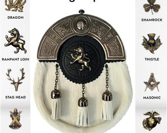 May include: A Scottish sporran with a white fur body, black leather front, and metal detailing. The image shows eight badge options, such as a dragon, rampant lion, stag head, and US Marine emblem. The text "8 Badge Options" is displayed.