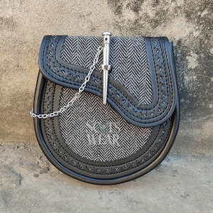 Grey Tweed & Black Leather Kilt Sporran