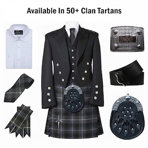 May include: A selection of Scottish Highland attire, featuring a black jacket, waistcoat, and kilt in a grey and black tartan design. Accessories include a white shirt, tie, belt, and sporran. Text reads: Available In 50+ Clan Tartans.