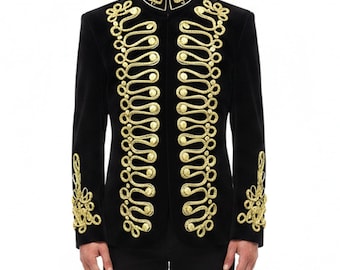Veste de hussard en velours pour hommes - Veste de style militaire tressée dorée pour DJ et chanteurs