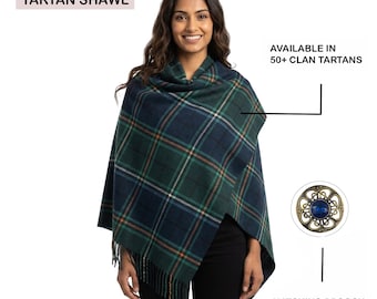 Châle écossais écossais pour femme avec broche assortie, en laine acrylique à carreaux | Disponible dans plus de 50 tartans de clans