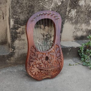 Flower Rosewood Lyre Harp 10 Metal Strings Lyre Harps Handmade Medieval Musical Instruments With Extra Free Strings, Tuning Key & Bag