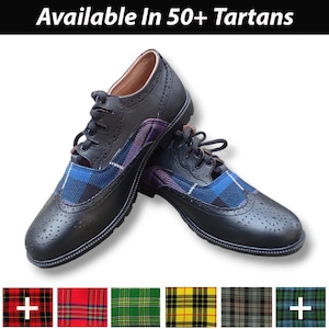 Handgefertigte Herren Tartan Ghillie Brogues Schwarz Echtleder Kilt Schuhe | Benutzerdefinierte Scottish Outfit Schuhe Erhältlich in 50+ Clan Tartans Größen 5–12