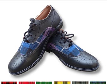 Handmade Men&#39;s Tartan Ghillie Brogues Black Real Leather Kilt Shoes | Custom Scottish Outfit Shoes Available in 50+ Clan Tartans Sizes 5–12