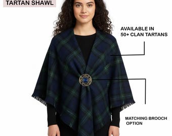 Chal de tartán escocés para mujer: chal de lana a cuadros de las Tierras Altas para mujer con opción de broche a juego / Tamaño 52" x 52" / Disponible en más de 50 tartanes