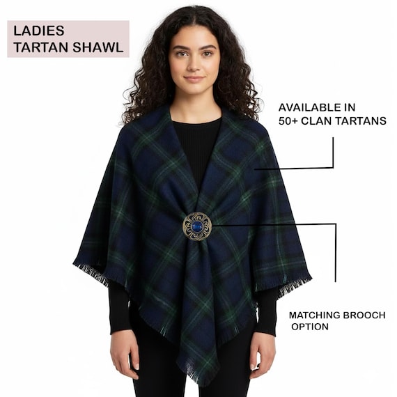 Ladies Scottish Tartan Shawl: Highland Women's Wool Plaid Wrap with Matching Brooch Option | Size 52" x 52" | Available in 50+ Tartans