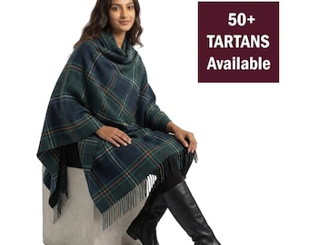 Châle écossais tartan pour femme : Cape en laine acrylique à carreaux | Broche assortie disponible