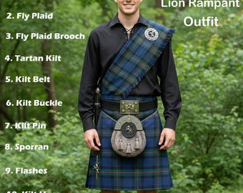 Ensemble de kilt écossais écossais pour homme, 10 pièces de lion rampant en laiton antique | Disponible dans plus de 50 motifs écossais