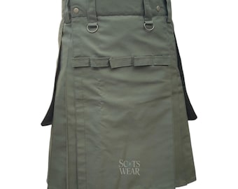 Kilt utilitaire vert olive pour homme - Kilt de travail tactique 100 % coton avec poches cargo - Kilt cargo durable fait main