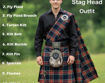 Herren Schottenkaro Kilt Outfit: 10-teiliges Highland Kilt Set mit antiken Hirschkopf Accessoires | 50+ Tartans Optionen