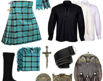 Ensemble kilt écossais pour homme : kilt des Highlands 10 pièces avec accessoires vache antique | Plus de 50 tartans au choix