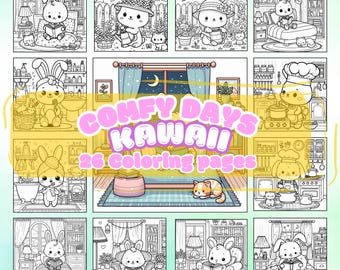 Kawaii Bunny Coloring Page – Cute Animal Character for Kids & Adults | Cozy Comfort Rainy Day Activity | Stress Relief Coloring Book Page