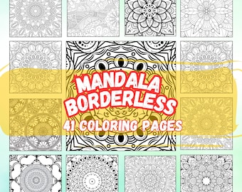 Può includere: Un set di 41 pagine da colorare in bianco e nero con disegni di mandala senza bordi. Il testo "MANDALA BORDERLESS 41 COLORING PAGES" è visualizzato al centro dell'immagine.