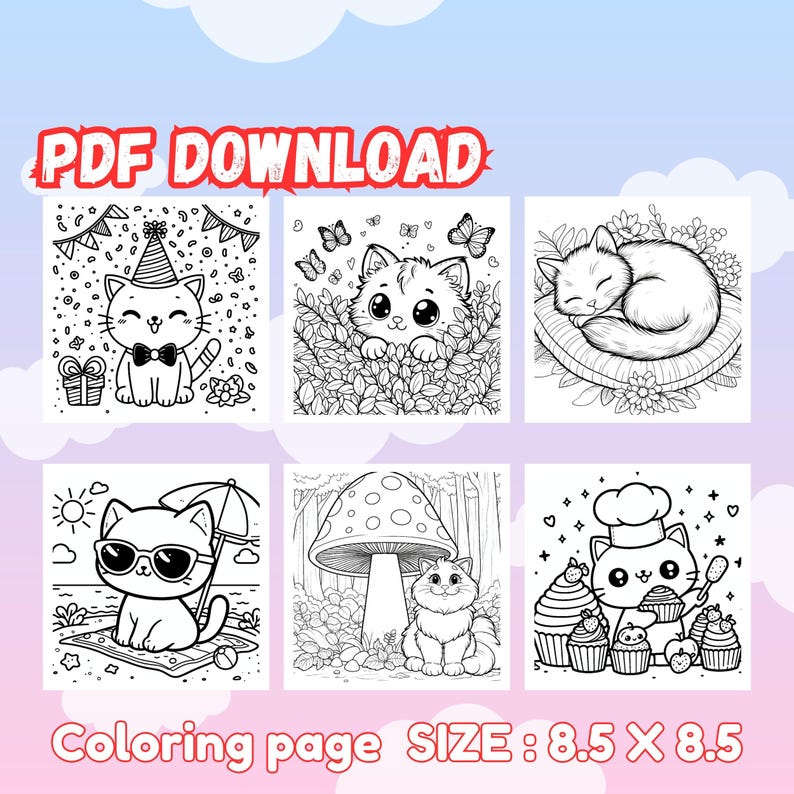 70 Cute Kawaii Cat Coloring Pages for Kids & Adults | Digital Download ...