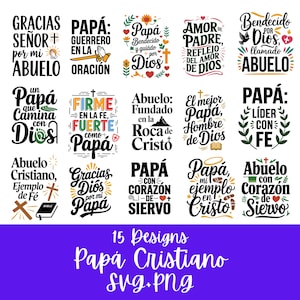 以下が含まれることがあります： 「Gracias Señor」や「Papá Cristiano」などのスペイン語のフレーズを含む、宗教的なテーマの15のデザインのコレクション。デザインには十字架、花の要素、テキストが含まれており、SVGおよびPNGファイルとして利用できます。
