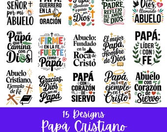 May include: A collection of 15 designs with religious themes, featuring phrases like "Gracias Señor" and "Papá Cristiano" in Spanish. The designs include crosses, floral elements, and text, available as SVG and PNG files.