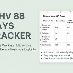 May include: Digital Excel tool for Australia Working Holiday Visa (WHV) 88 Days Tracker. The image shows a spreadsheet with postcode eligibility checks, including sectors like tourism and agriculture. Includes automated postcode checker and daily log.