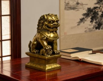 Brass Fu Dog Statues Pair 4.5 Inch, Feng Shui Guardian Lions, Fathers Day Gift, 7th Anniversary Entry Decor
