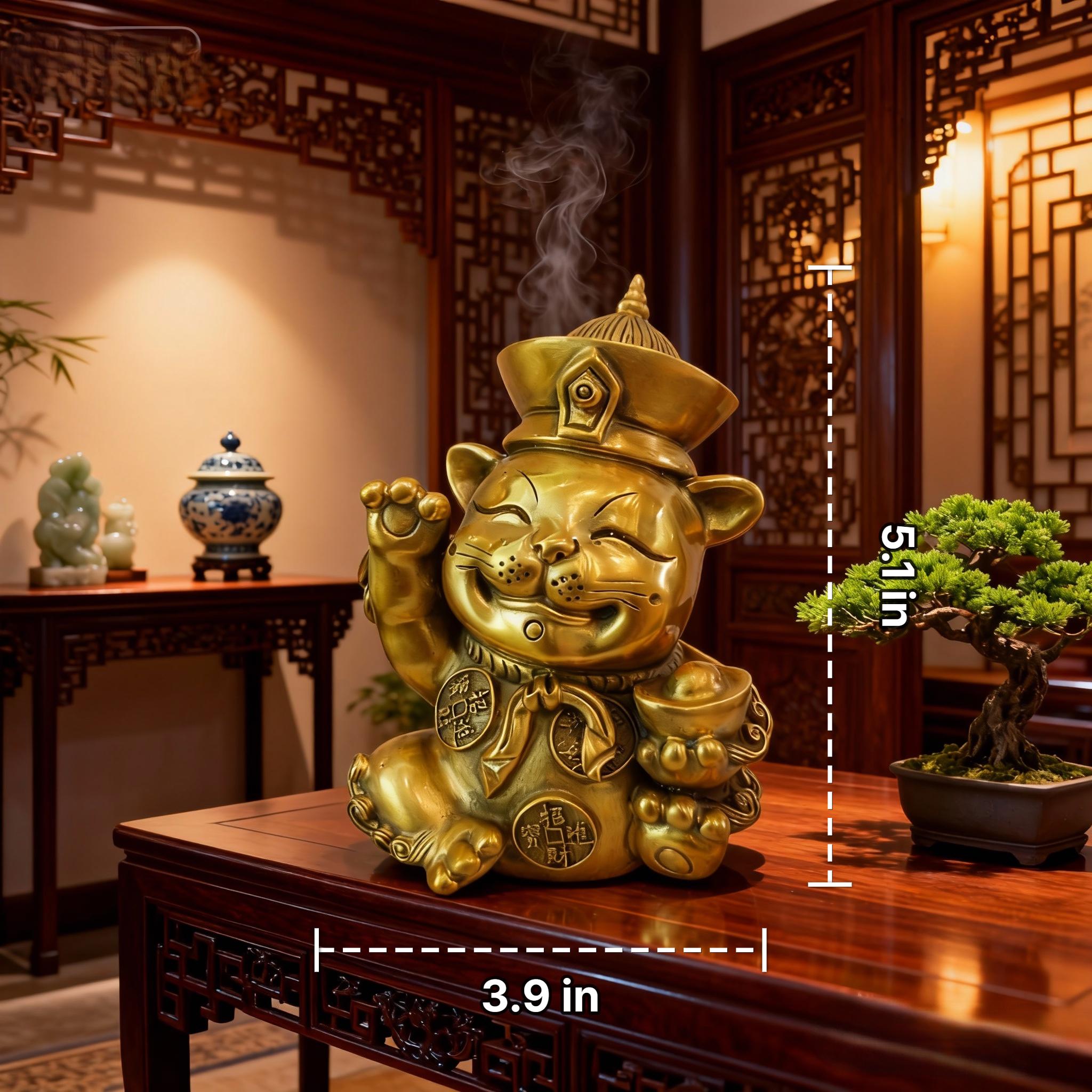 Brass Lucky Cat 5 Inch, Feng Shui Wealth Cai Shen Statue, Fathers Day Heirloom Gift, Housewarming Prosperity Decor