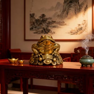 May include: A golden brass frog statue with red gemstone eyes sits on a table with gold coins. Incense burns in a green ceramic burner, and two gold ingots are also on the table. The frog is a symbol of wealth and prosperity.