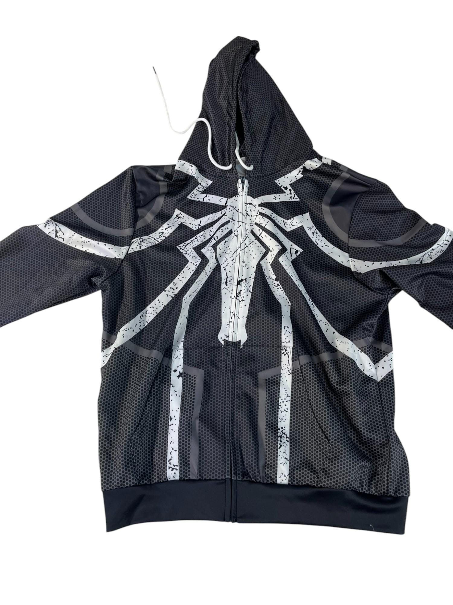 SPIDERMAN スパイダーマン／フルジップ 長袖フリース（ブラック）／刺繍 KaKazzy】スパイダーマン 黒 フルジップ パーカー 男女着用可