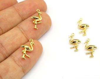2 Pcs 15mm Gold Plated Flamingo Charm, Tropical Bird Animal Pendant