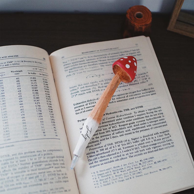 K&ouml;nnte beinhalten: Ein skurriler Stift mit roter Pilzkappe und wei&szlig;en Punkten liegt auf einem offenen Buch. Der Stiftschaft ist hellbraun, und das Wort "Judy" steht auf der wei&szlig;en Spitze. Das Buch zeigt wissenschaftlichen Text.