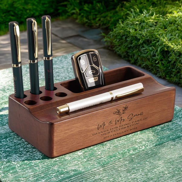 Personalized Handcrafted Black Walnut Wood Pen Holder – 3-in-1 Desk Organizer with Phone Stand & Memo/Card Slot