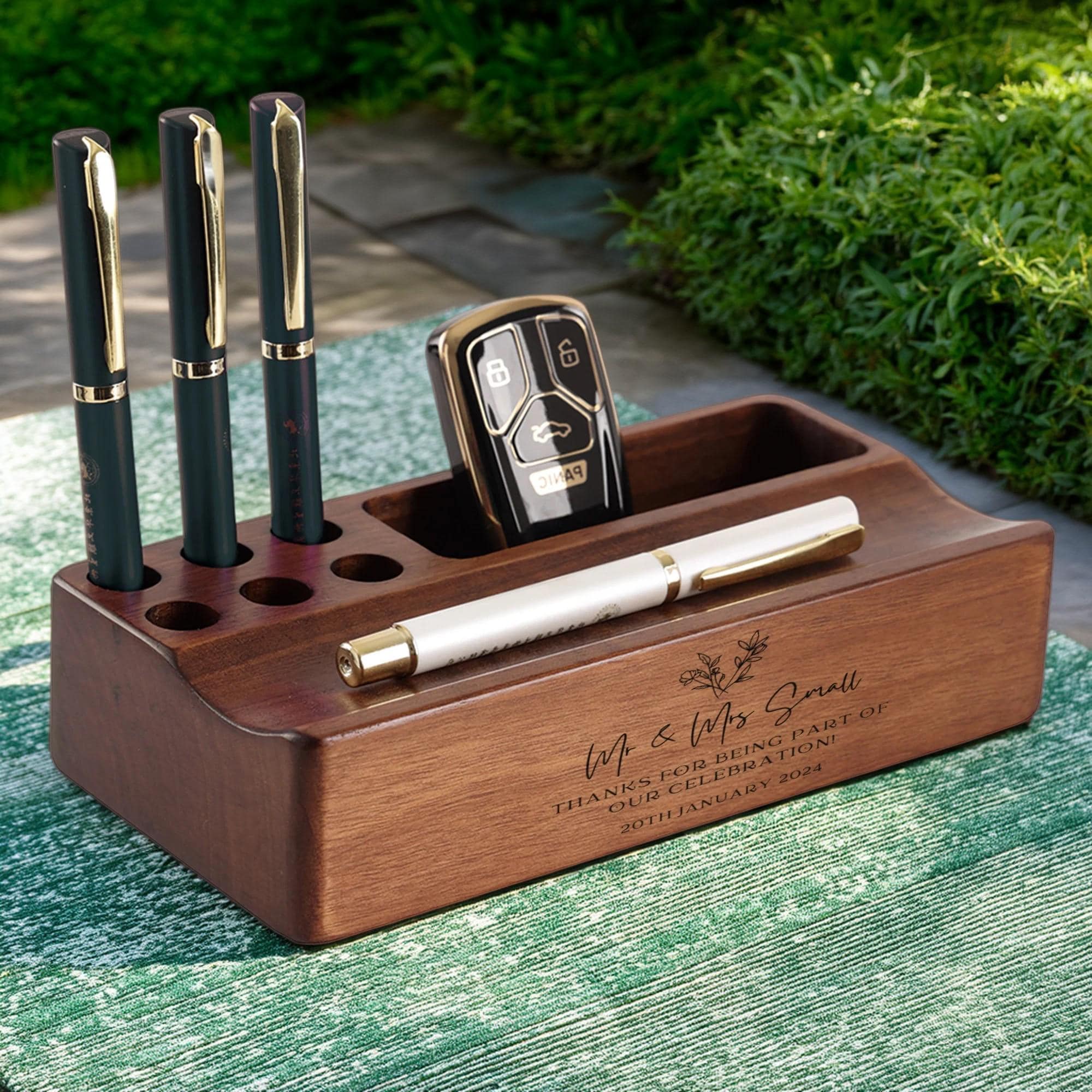 Personalized Handcrafted Black Walnut Wood Pen Holder – 3-in-1 Desk Organizer with Phone Stand & Memo/Card Slot