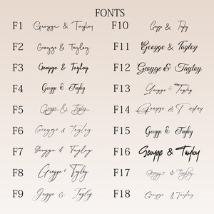 K&ouml;nnte beinhalten: Darstellung von 18 verschiedenen Schriftarten, die jeweils die Namen "George & Taylor" zeigen. Die Schriftarten variieren im Stil, von eleganter Kursivschrift bis hin zu l&auml;ssigeren handschriftlichen Ausf&uuml;hrungen. Das Wort "FONTS" steht oben.