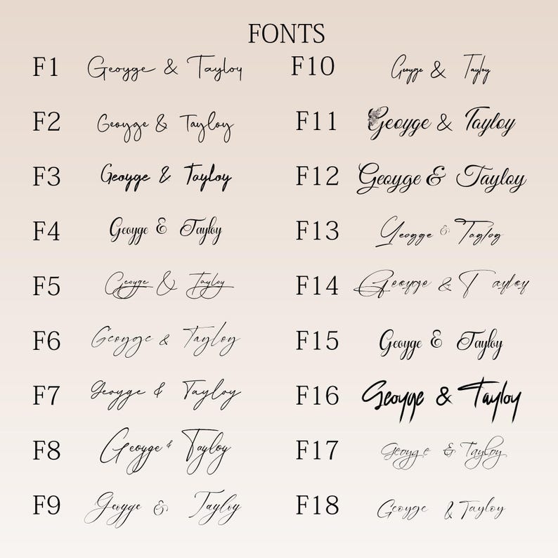 K&ouml;nnte beinhalten: Darstellung von 18 verschiedenen Schriftarten, die jeweils die Namen "George & Taylor" zeigen. Die Schriftarten variieren im Stil, von eleganter Kursivschrift bis hin zu l&auml;ssigeren handschriftlichen Ausf&uuml;hrungen. Das Wort "FONTS" steht oben.
