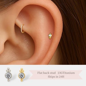 Tiny Beaded CZ Flat Back Stud – Threadless Titanium Earring • Hypoallergenic Cartilage Jewelry for Tragus, Helix, or Lobe