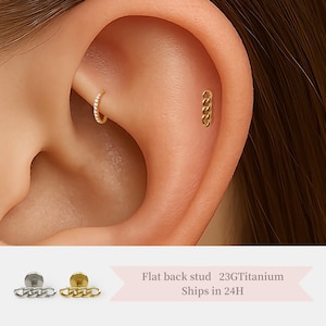 Flat Back Chain Stud Earring – Threadless Titanium Cartilage Stud • Dainty Gold Chain Helix or Lobe Piercing