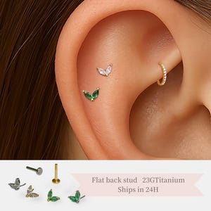 Flat Back Leaf Stud • Threadless Titanium Cartilage Earring • Green Marquise Gem Piercing • Dainty Flatback Helix Jewelry