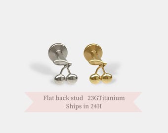 Flat Back Cherry Stud • Threadless Titanium Cartilage Earring • Cute Minimal Fruit Piercing • Gold Flatback for Tragus Helix