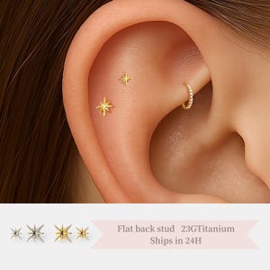 Flat Back Gold Starburst Stud – Threadless Titanium Earring • Bold Cartilage Jewelry for Helix, Tragus, Lobe