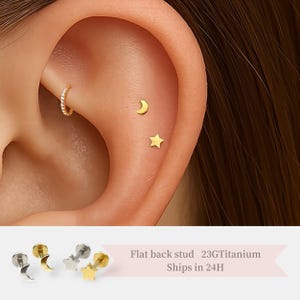 Brinco de pino • Lua ou estrela de titânio G23 sem rosca com parte traseira plana – Brinco hipoalergênico 23G para piercing de cartilagem, hélice, tragus e lóbulo