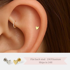 Flat Back Titanium Heart Stud – Threadless Push Pin Cartilage Earring • Dainty Hypoallergenic Piercing for Helix, Lobe, Tragus