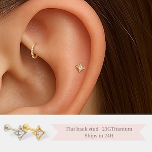 Flat Back Star Stud com Cristal – Brinco de Titânio Sem Rosca • Joias de Piercing Celestial para Hélix, Tragus, Cartilagem