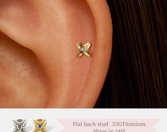 Tiny Flower Flat Back Stud – Hypoallergenic Threadless Titanium Earring for Helix, Cartilage, Tragus Piercings